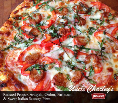 ROASTED PEPPER, ARUGULA, ONION, PARMESAN & SWEET ITALIAN SAUSAGE PIZZA