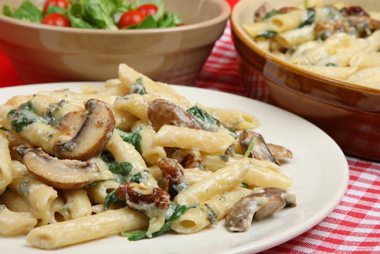 PENNE PASTA WITH SPICY ITALIAN SAUSAGE, MUSHROOMS, AND SPINACH